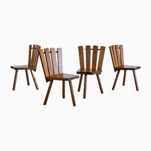 French Modern Tripod Dining Chairs in Oak with Fan Shaped Back, 1950s, Set of 4