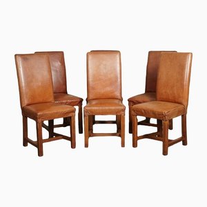 Vintage Brown Oak and Leather Halo Soho Dining Chairs, Set of 6