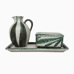 Joyero y jarrón francés Rusha de cerámica, años 50. Juego de 3