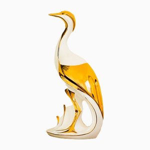 Italienische Heron Figur aus Weiß und Gold Lackierter Keramik von Ahury, 1970er