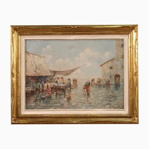 Italian Artist, View of the Market by the Sea, 1960s, Oil on Canvas, Framed