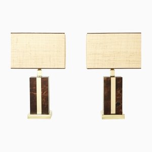 Italian Goatskin, Brass and Rattan Table Lamps from Aldo Tura, 1970s, Set of 2