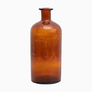 Botella de farmacia ámbar Mid-Century de vidrio, años 50