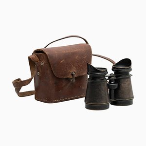Antique Vintage Binoculars with Leather Case, 1950s, Set of 2