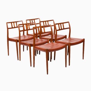 Sedie vintage in teak e pelle di Niels Otto Møller, anni '60, set di 6