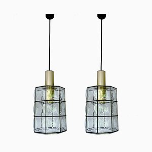 Large Glass and Brass Pendant Lamp from Limburg, 1970s, Set of 2