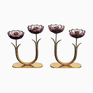 Purple Fower Glass and Brass Candleholders attributed to Gunnar Ander for Ystad-Metall, 1950s, Set of 2