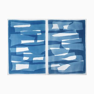 Kind of Cyan, Layered Torn Paper Diptych in White & Blue, 2022, Monotype