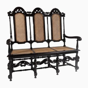 19th Century Jacobean Renaissance High Back 3-Seater Hall Bench in Carved Oak and Cane