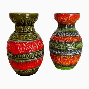 Multi-Color Fat Lava Op Art Pottery Vase attributed to Bay Ceramics, Germany, 1970s, Set of 2