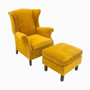 Wingback Armchair with a Footrest, Northern Europe, 1910s, Set of 2