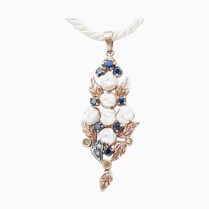 Rose Gold and Silver Pendant with White Coral, Blue and Yellow Sapphires and Diamonds, 1950s