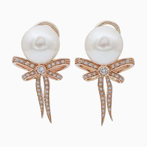Boucles d'Oreilles en Or Rose 14 Carats avec Perles et Diamants, 1970s, Set de 2