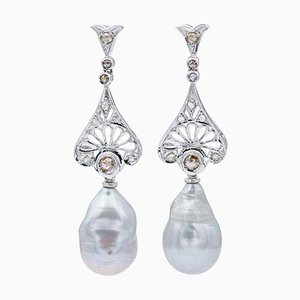 Boucles d'Oreilles en Or Blanc 18 Carats avec Perles Baroques Grises et Diamants, 1970s, Set de 2