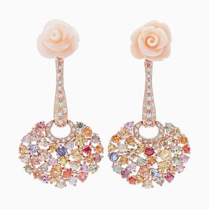 14 Karat Rose Gold Dangle Earrings with Coral, Multicolor Sapphires and Diamonds, 1970s, Set of 2