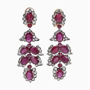 14 Karat Rose Gold and Silver Earrings with Rubies and Diamonds, Set of 2