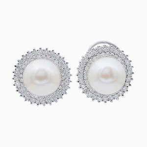 18 Karat White Gold Stud Earrings with White Pearls and Diamonds, 1980s, Set of 2