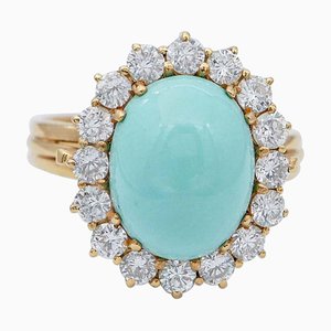 18 Karat Yellow Gold Ring with Turquoise and Diamonds, 1970s