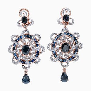 Rose Gold and Silver Earrings with Sapphires and Diamonds, 1980s, Set of 2