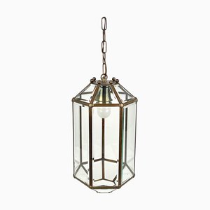 Brass and Beveled Glass Pendant Lantern in the Style of Adolf Loos, Italy, 1950s