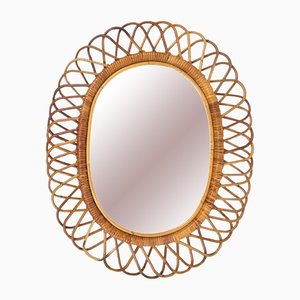 Mid-Century Rattan and Bamboo Oval Wall Mirror, Italy, 1960s