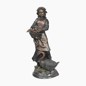Victorian Bronze Farm Girl and Geese Chick Statue