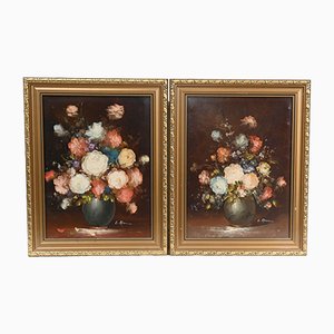Pintura al óleo, bodegón floral, artista francés, enmarcado, juego de 2