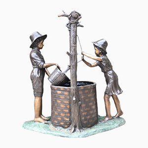 Bronze Bucket Fountain Boy and Girl Statue with Water Feature