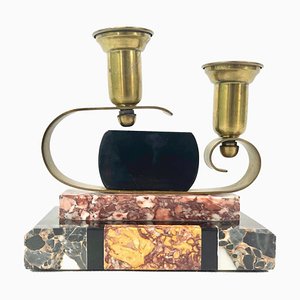 French Art Deco Brass and Marble Candleholder, 1920s