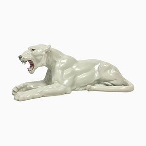 Art Deco Czech White Panther Porcelain Statue, 1930s