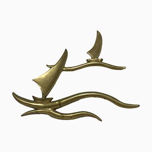 Mid-Century Modern Brass Wall Sculpture with Sailboats, 1960s