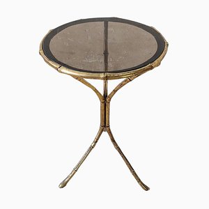 Hollywood Regency Brass and Smoked Glass Side Table attributed to Maison Bagues, 1960s