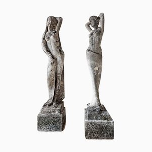 Art Nouveau Carved Statues of Two Posing Venuses, 1910, Stone, Set of 2
