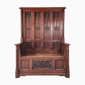 Neo-Gothic French Hand-Carved Oak Hall Bench, 1870s