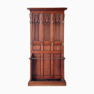 Neo-Gothic French Carved Oak Coat Rack with Umbrella Stand, 1870s