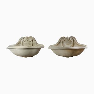 Carved White Marble Holy Water Stoops, Set of 2
