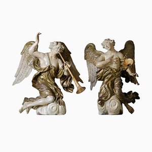 Anges ou Putti Décorés Polychromes, Fin 17ème Siècle, Bois Sculpté et Peint, Set de 2