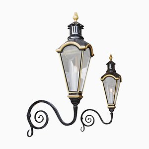 Large Dutch Copper Wall Lanterns with Wrought Iron Arms, Set of 2