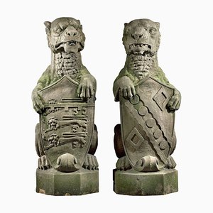 Embouts Sculptés en Lions Héraldiques, Angleterre, 19ème Siècle, Set de 2