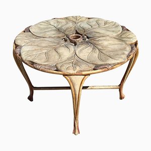 Vintage Italian Carved Wood Round Table with Large Leaf Table Top, 1970s