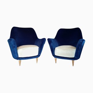 Italian Armchairs in Cobalt Blue and Cream, 1960, Set of 2