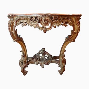 Table Console Rococo en Bois Doré avec Plateau en Marbre Rouge, 19ème Siècle