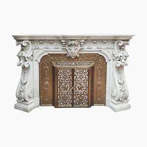 French Carved Marble Fireplace with Original Brass Insert, 1880