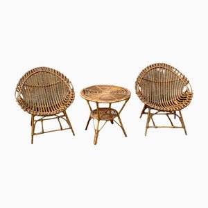 Small Outdoor Set in Bamboo & Rattan, 1950s, Set of 3