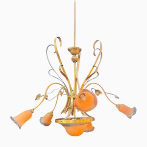 Large Glass & Brass Chandelier with Iron Leaves, 1950s