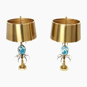 Brass Lamps Blue Ostrich Egg Original Shades from Maison Charles, 1960s, Set of 2