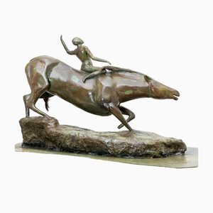 Französische Gips Skulptur eines Reiters mit Pferd
