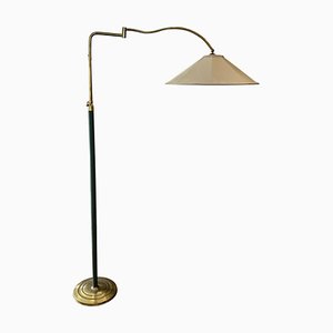 Italian Brass Swing Arm Floor Lamp with Leather Trim, 1960s