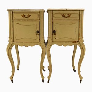 Antique French Nightstands in Walnut with Marble Top on Castors, Set of 2