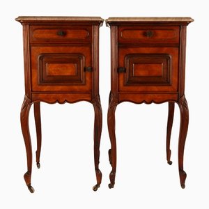 Antique French Walnut Nightstands with Beige Marble Tops on Castors, Set of 2